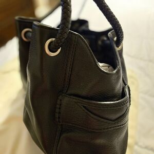 Women’s Black Leather Shoulder Bag with Braided Handles